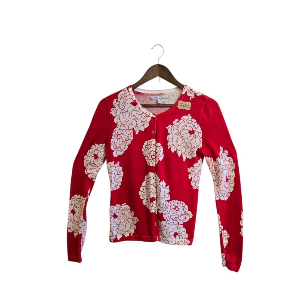 Old Navy Women's Cardigan Size‎ M  Red and White Floral Button Up Long Sleeve